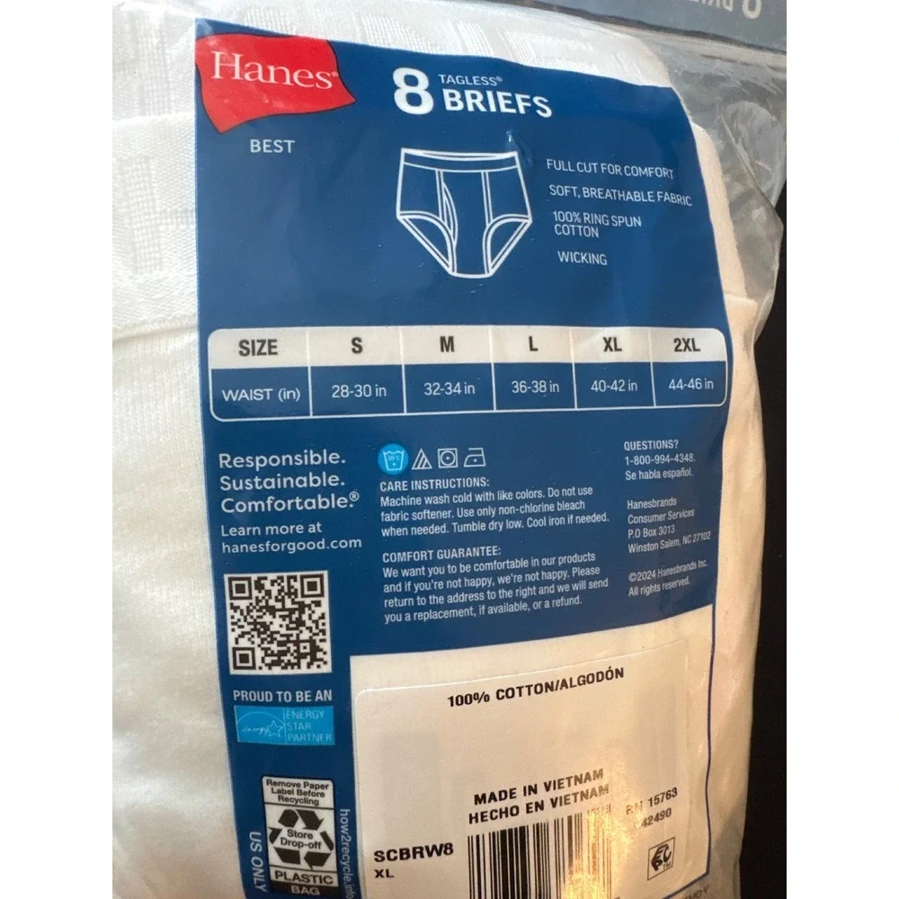 Hanes Best Mens Tagless Briefs 8 Pack White Cotton Wicking XL 40-42 SCBRW8